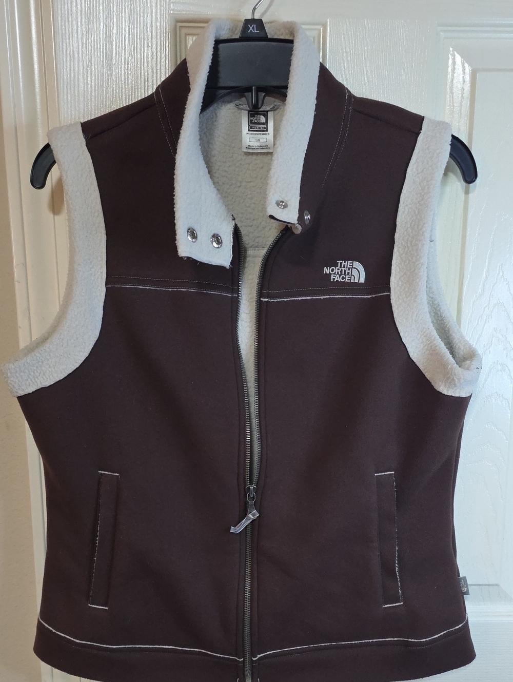 The North Face Brown Sherpa-Trim Vest with Cream Lining, Full Zip